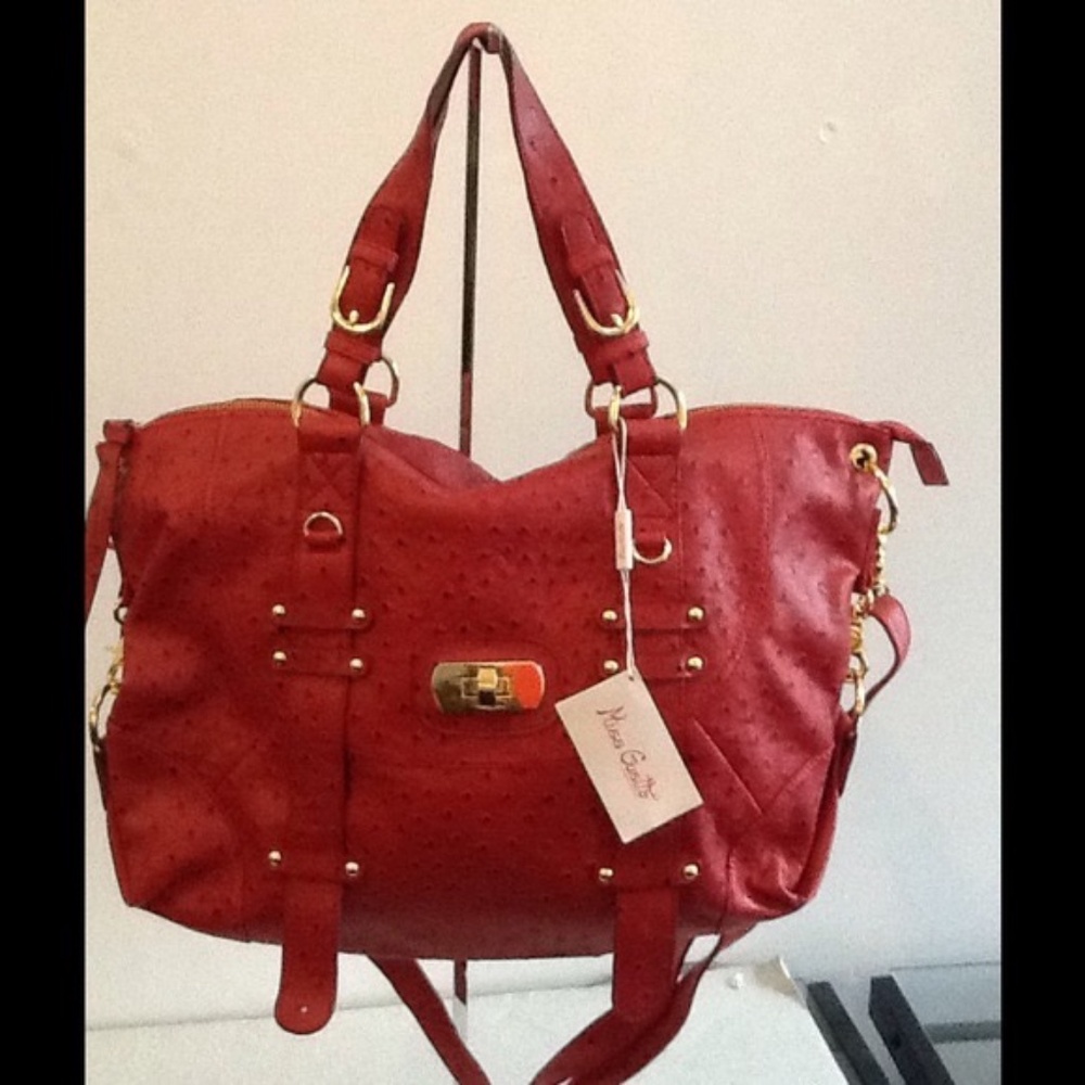 Satchel Ostrich Red Leather Shoulder Bag